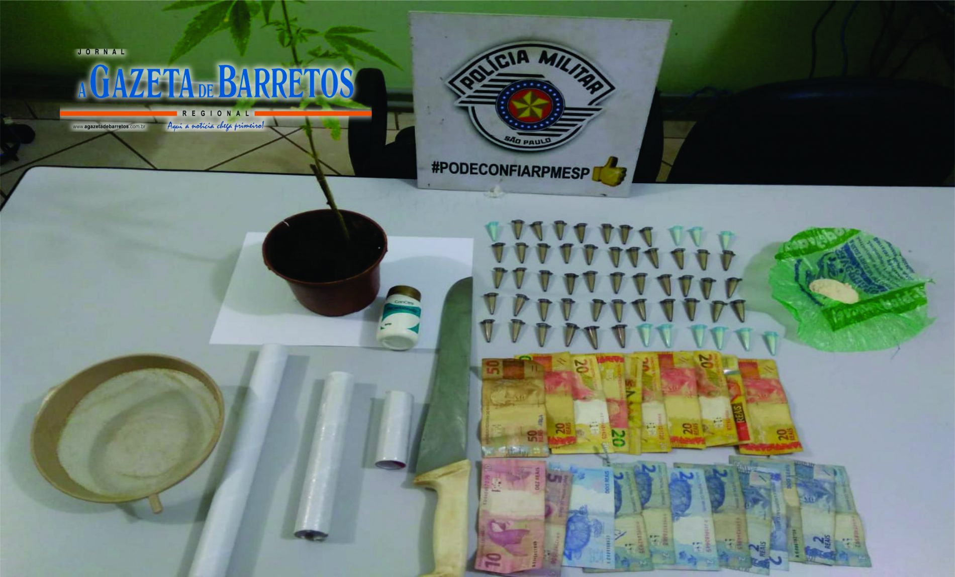 BARRETOS: Equipes da PM prendem homem por tráfico e apreendem muda de maconha, dezenas de pinos com cocaína, um carro e outros objetos