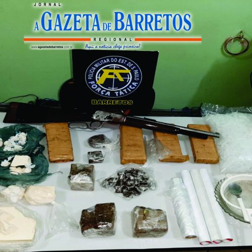 BARRETOS: VULGO MELOSO é preso com quase cinco quilos de drogas, arma e outros objetos em residência no Derby Clube