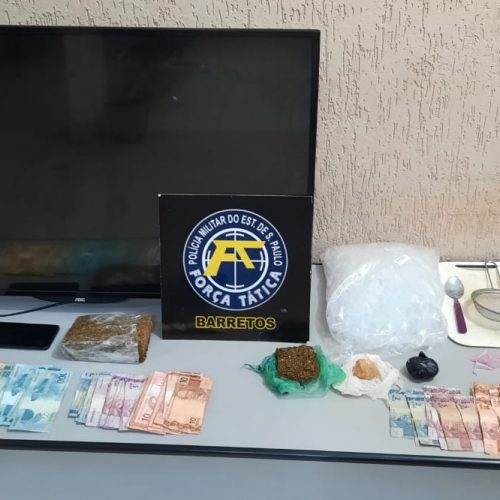 BARRETOS: Polícia prende duas pessoas e apreende drogas, dinheiro e televisão de origem suspeita